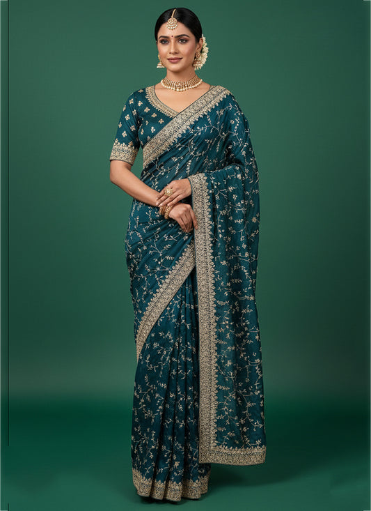 Soft Silk Teal Blue Saree with Pita Work for Wedding Wear 384479