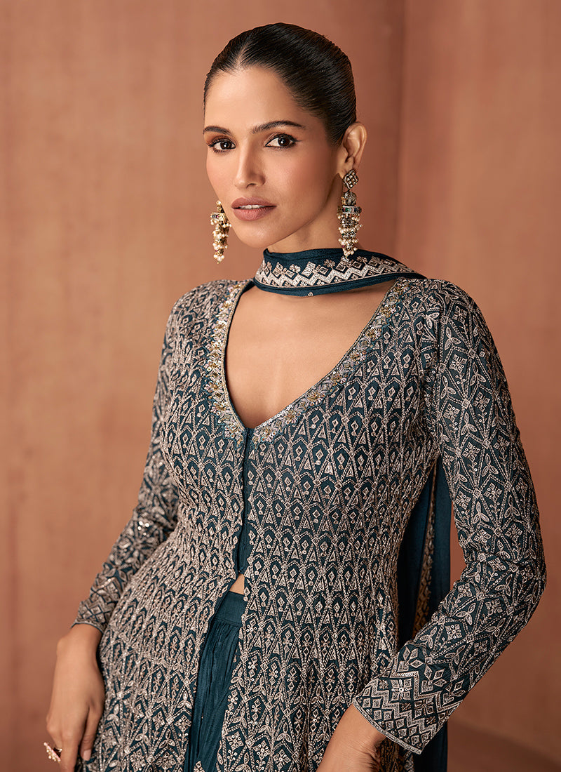 Chinon Teal Party Wear Embroidery Work Readymade Plazzo Suit 386644