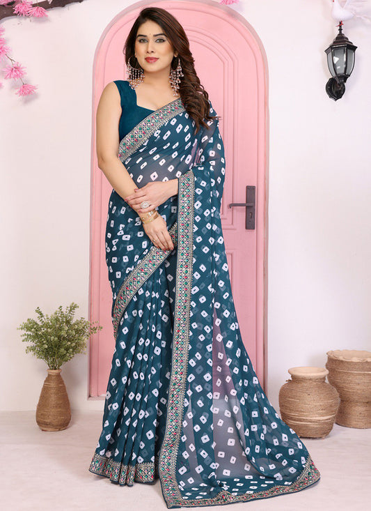 Georgette Teal Saree with Bandhej Work for Festival Wear 381119