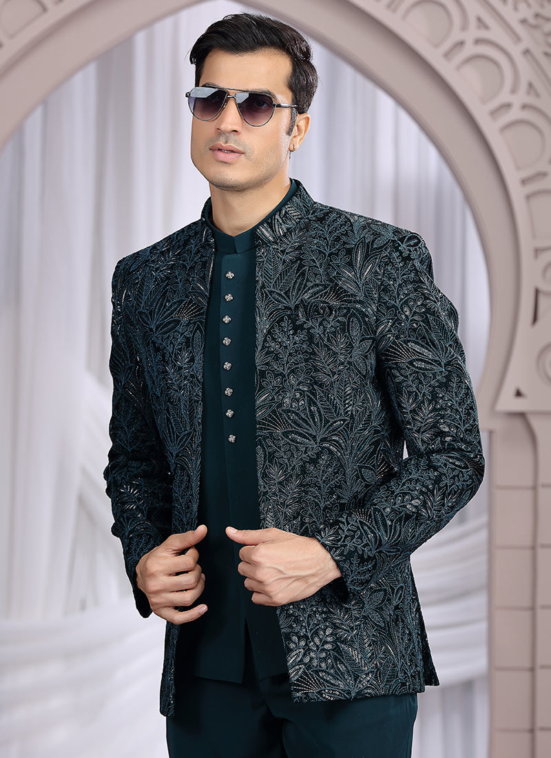 Art Silk Teal Green Wedding Wear Pattern Pc Work Readymade Indo Western 385498