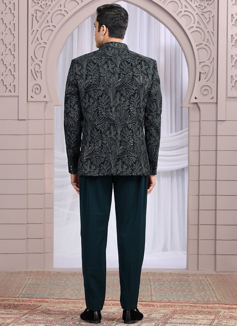 Art Silk Teal Green Wedding Wear Pattern Pc Work Readymade Indo Western 385498