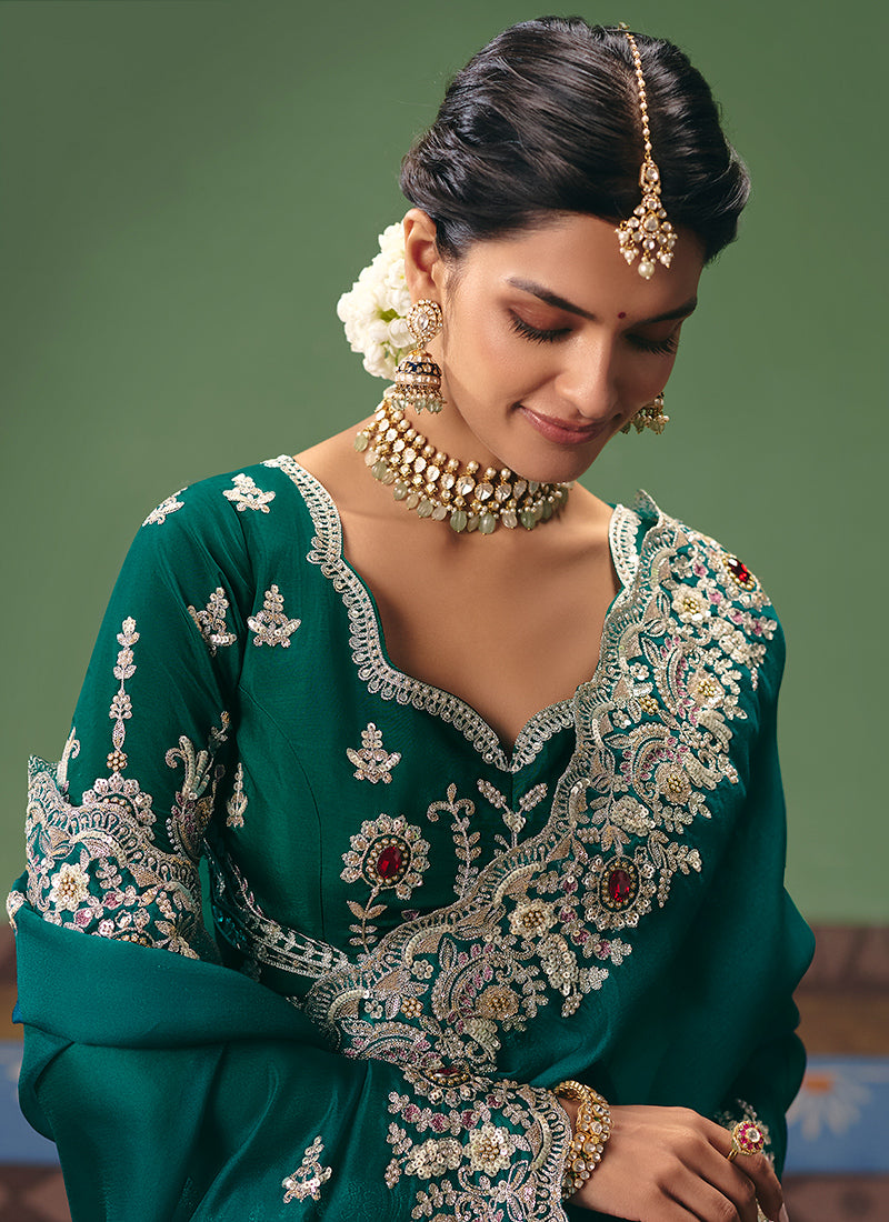 Teal Green Fancy Embroidery Work Wedding Wear Saree SW395693