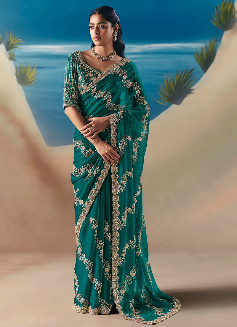 Fancy Teal Green Saree with Sequins Work for Wedding Wear 385420