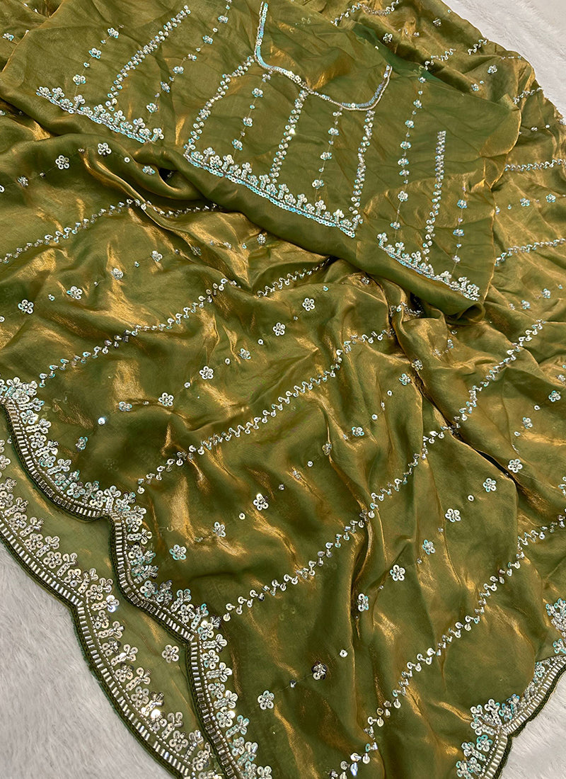 Teal Green Fendi Satin Sequins Work Festival Wear Saree SW930712