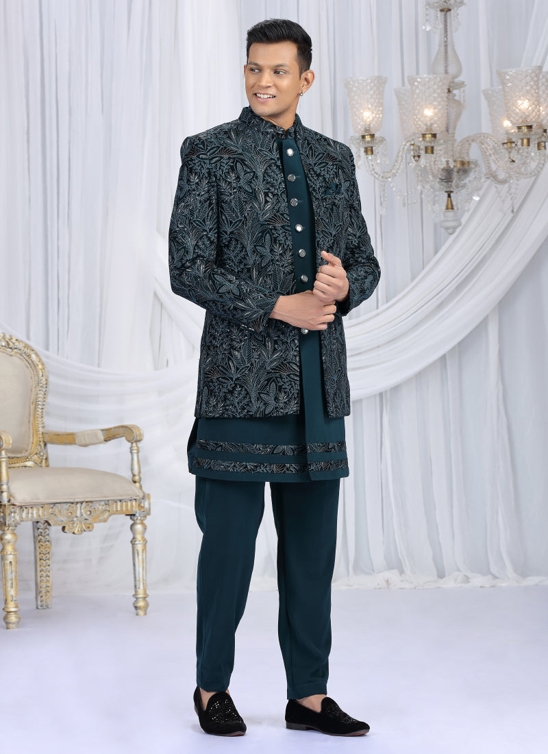 Velvet Silk Teal Green Wedding Wear Computer Thread Work Readymade Indo Western Sherwani 386032