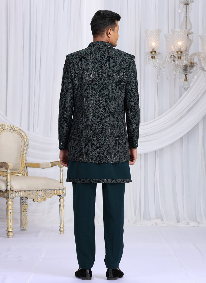 Velvet Silk Teal Green Wedding Wear Computer Thread Work Readymade Indo Western Sherwani 386032