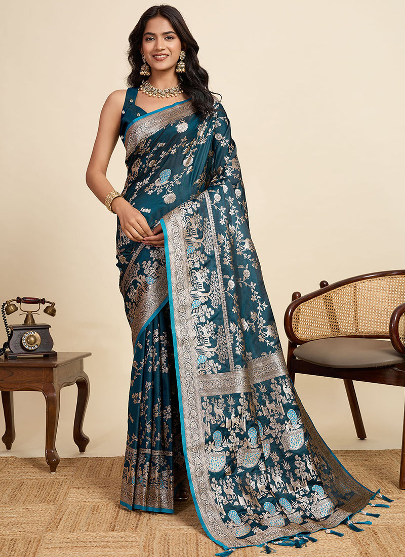 Satin Silk Teal Saree with Weaving Work for Party Wear 382784