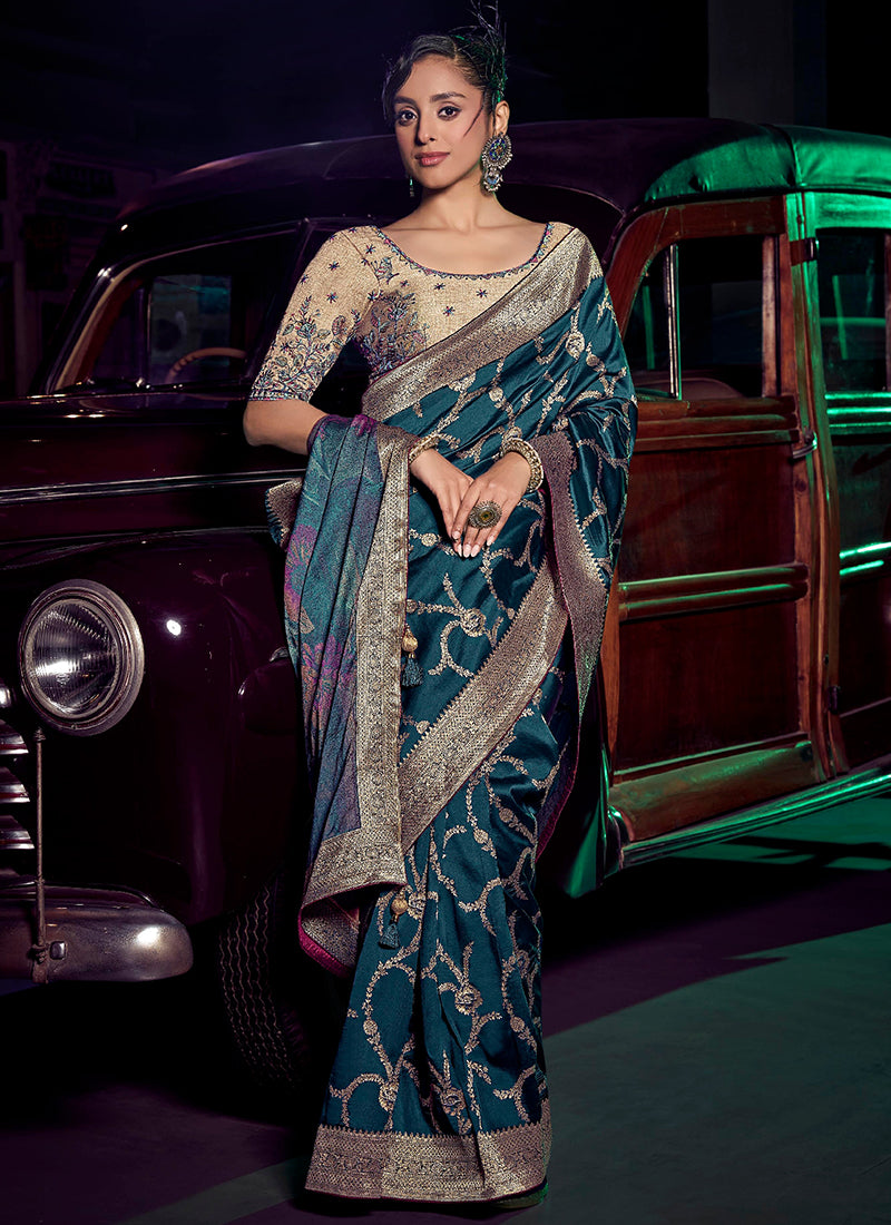 Silk Teal Saree with Embroidery Work for Party Wear 383028