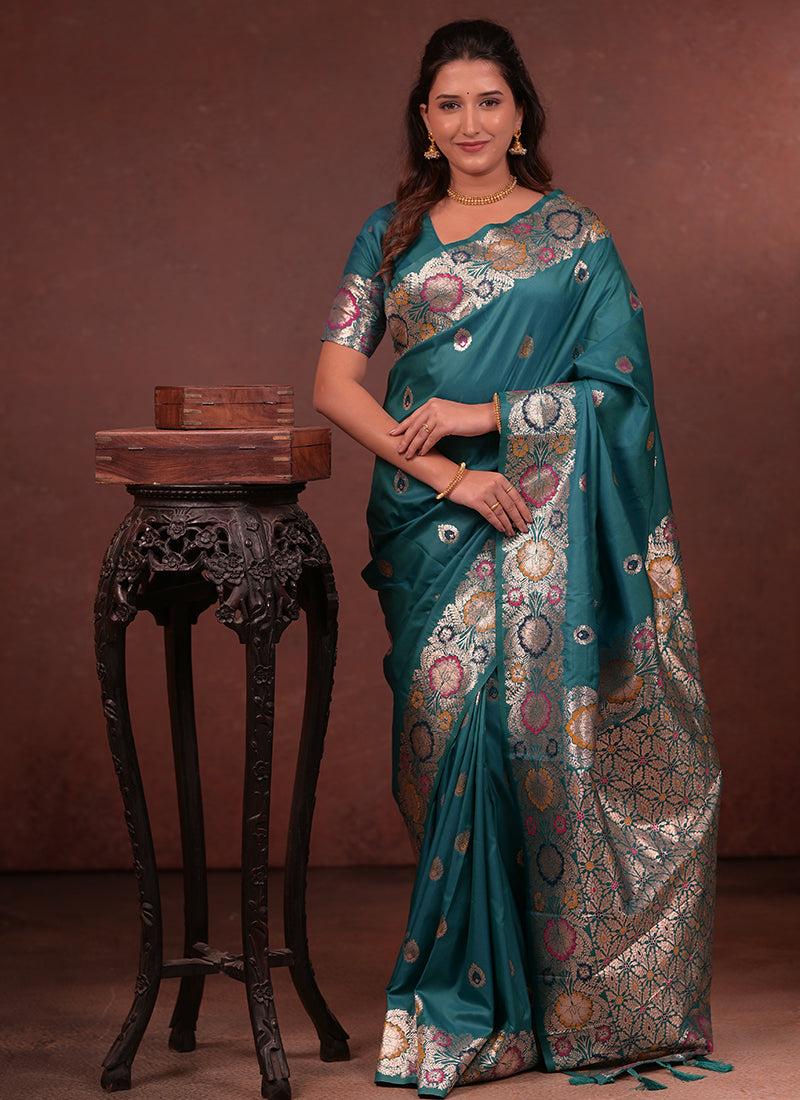 Silk Teal Saree with Border Work for Wedding Wear 380889