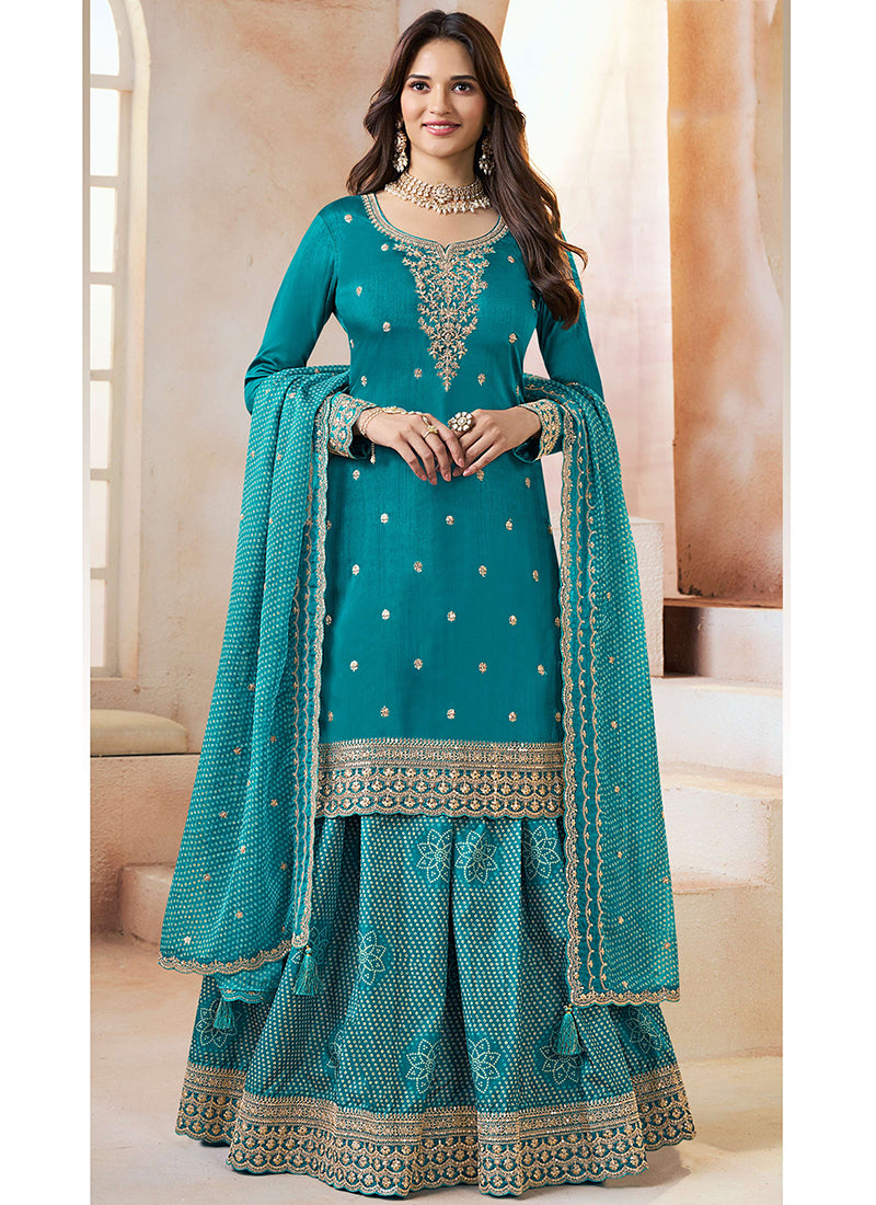 Silk Teal Wedding Wear Embroidery Work Palazzo Suit 385244