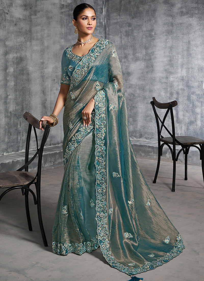 Silk Teal Green Saree with Embroidery Work for Wedding Wear 385005
