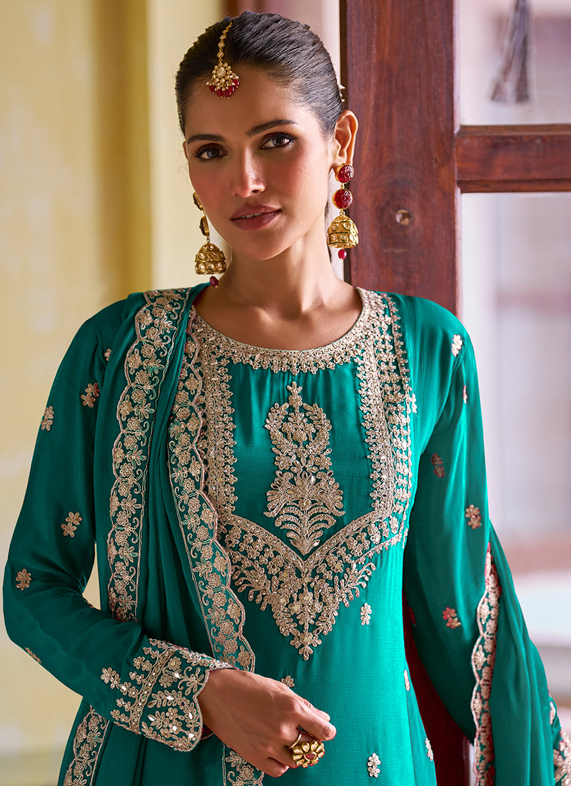 Turquise Chinon Embroidery Work Festival Wear Readymade Salwar Suit SW357365