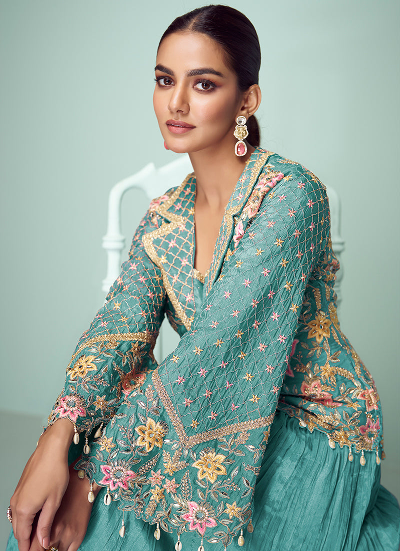 Turquise Chinon Embroidery Work Occasional Wear Readymade Designer Suit SW474229