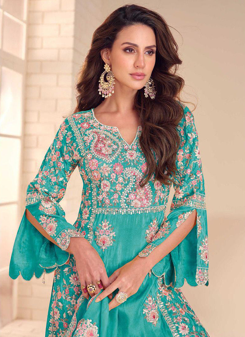 Turquoise Blue Shimmer Embroidery Work Party Wear Readymade Plazzo Suit SW988898