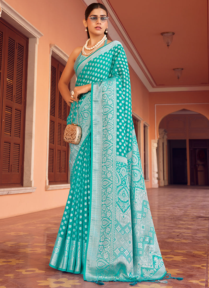 Georgette Turquoise Saree with Printed Work for Festival Wear 379800
