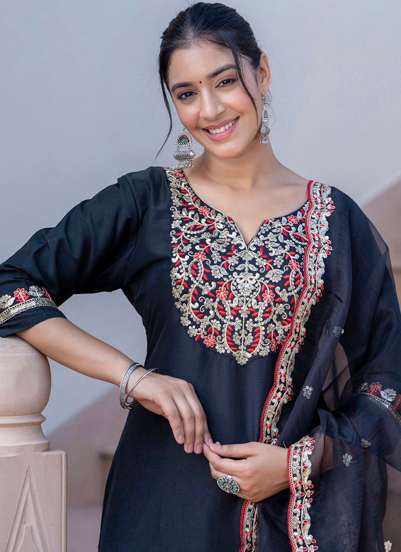 Silk Blend Black Casual Wear Embroidery Work Readymade Kurti Pant With Dupatta 384247