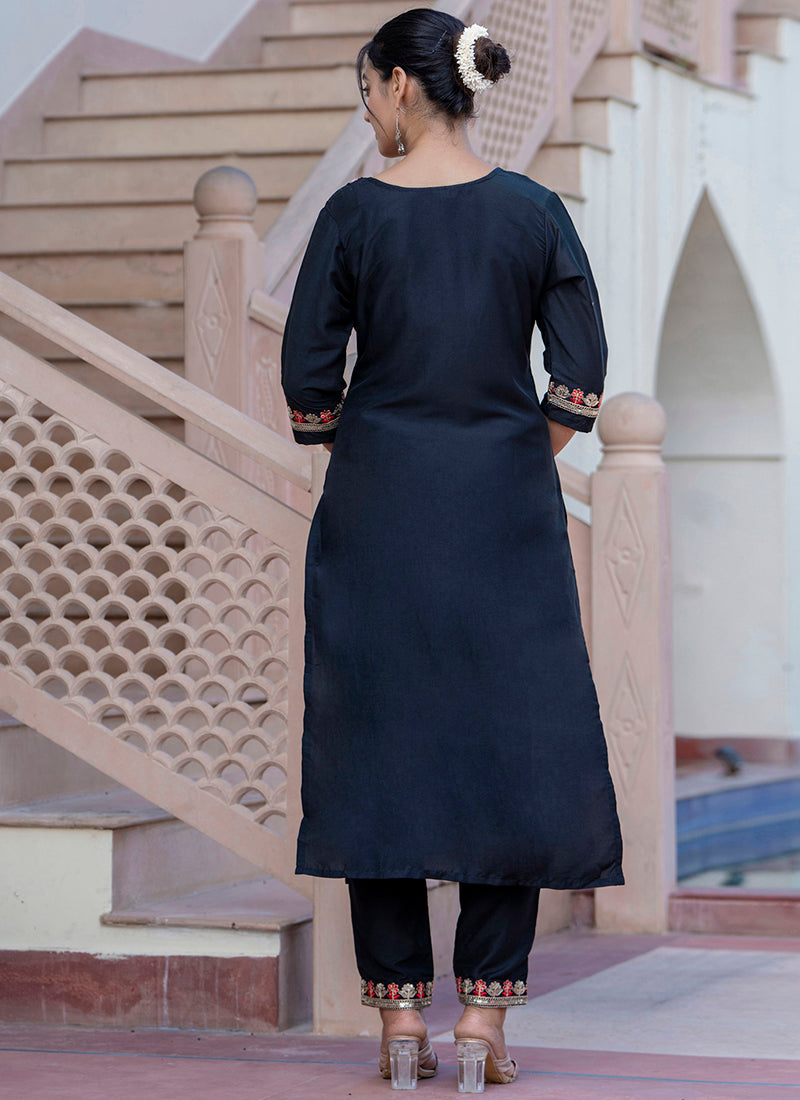 Silk Blend Black Casual Wear Embroidery Work Readymade Kurti Pant With Dupatta 384247