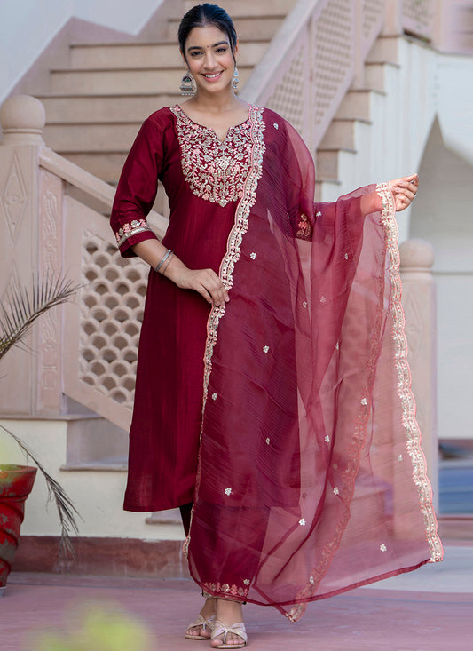 Silk Blend Maroon Casual Wear Embroidery Work Readymade Kurti Pant With Dupatta 384248