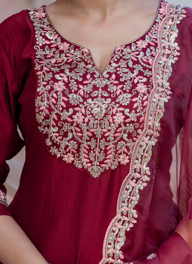 Silk Blend Maroon Casual Wear Embroidery Work Readymade Kurti Pant With Dupatta 384248