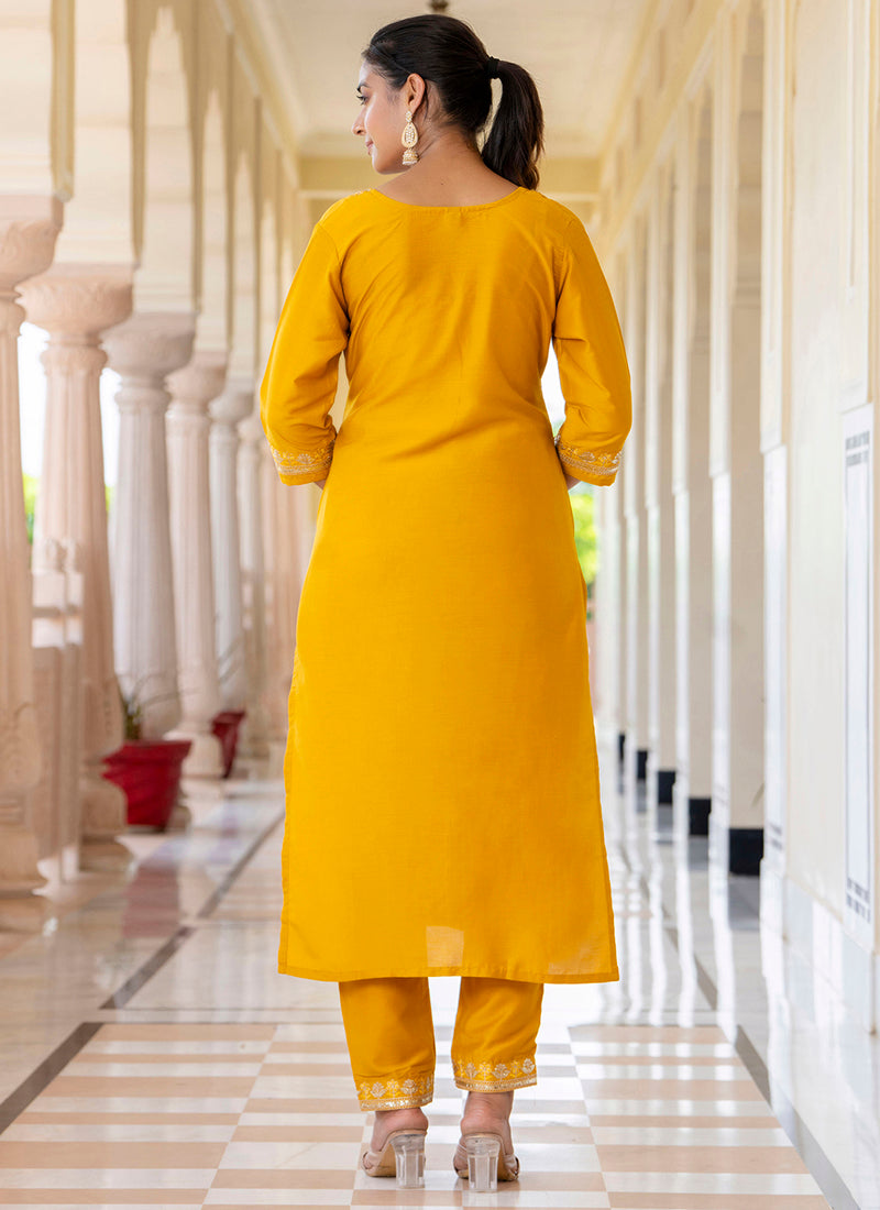 Silk Blend Mustard Casual Wear Embroidery Work Readymade Kurti Pant With Dupatta 384250
