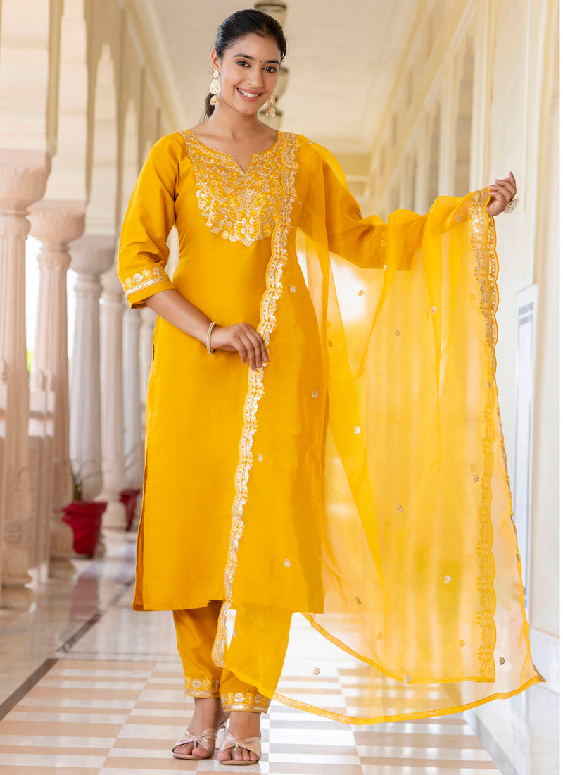 Silk Blend Mustard Casual Wear Embroidery Work Readymade Kurti Pant With Dupatta 384250