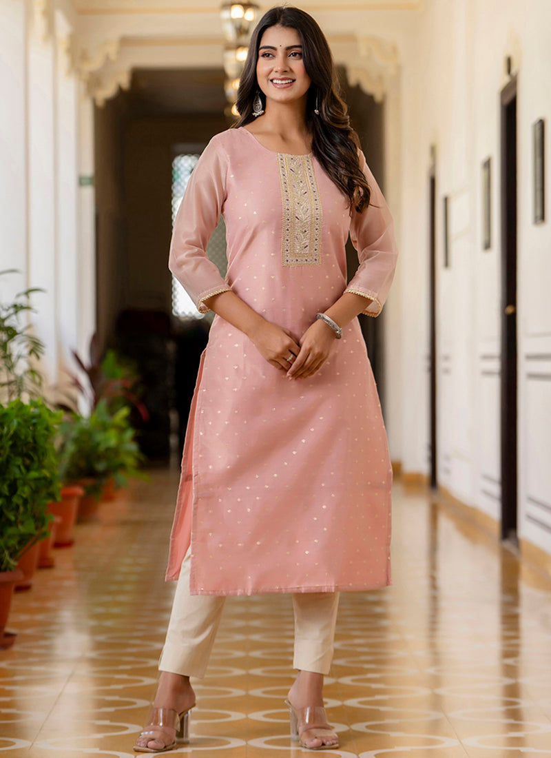 Shimmer Silk Baby Pink Casual Wear Embroidery Work Readymade Kurti 383387
