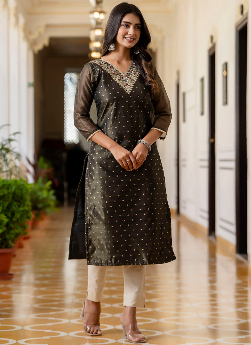 Shimmer Silk Black Casual Wear Embroidery Work Readymade Kurti 383388