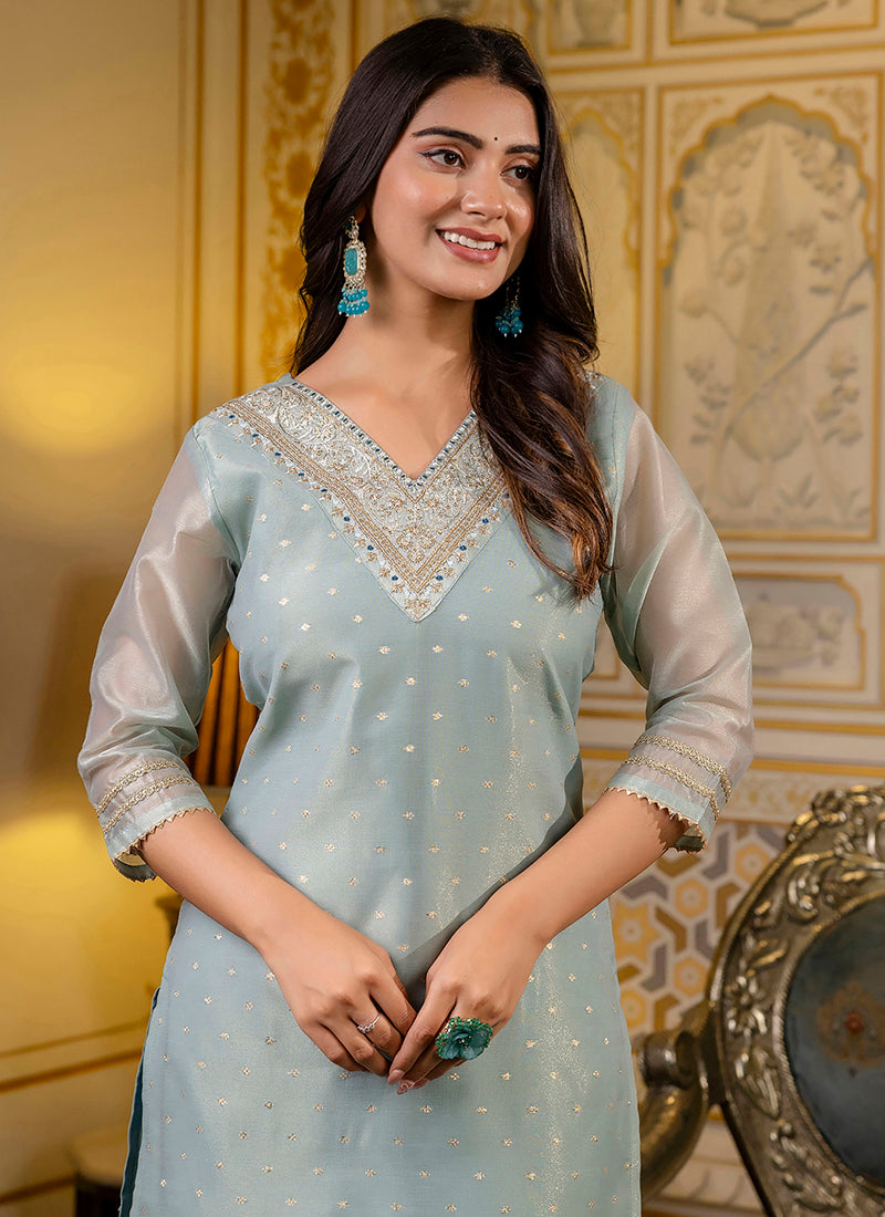 Shimmer Silk Sky Blue Casual Wear Embroidery Work Readymade Kurti 383391