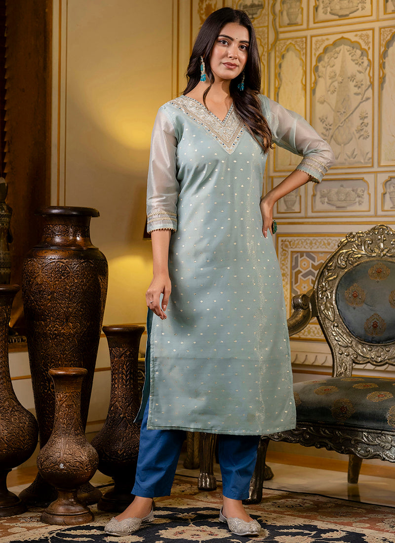 Shimmer Silk Sky Blue Casual Wear Embroidery Work Readymade Kurti 383391