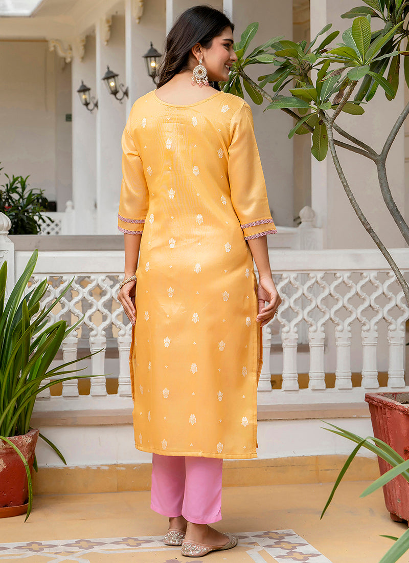 Shimmer Silk Mustard Casual Wear Embroidery Work Readymade Kurti 383400