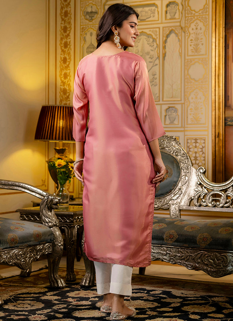 Shimmer Silk Baby Pink Casual Wear Embroidery Work Readymade Kurti 383437