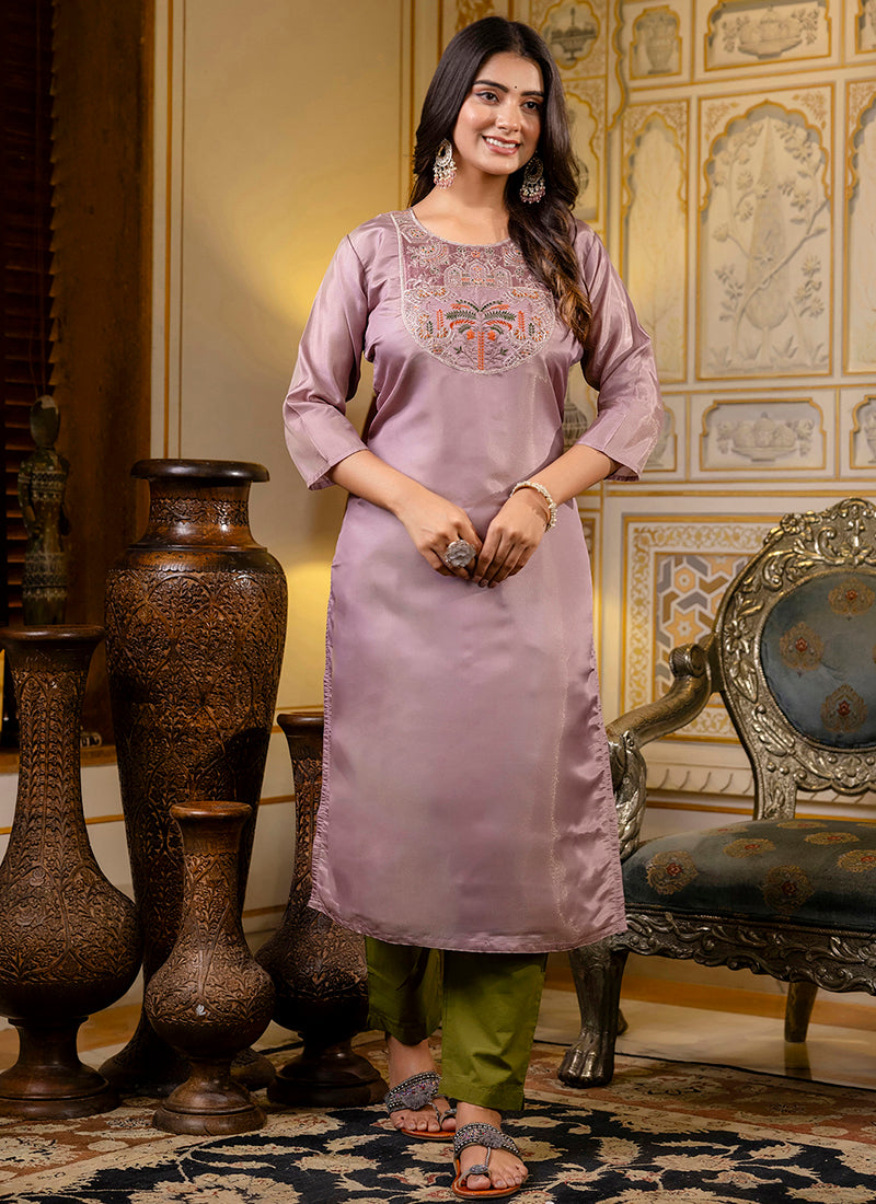 Shimmer Silk Lavender Casual Wear Embroidery Work Readymade Kurti 383439