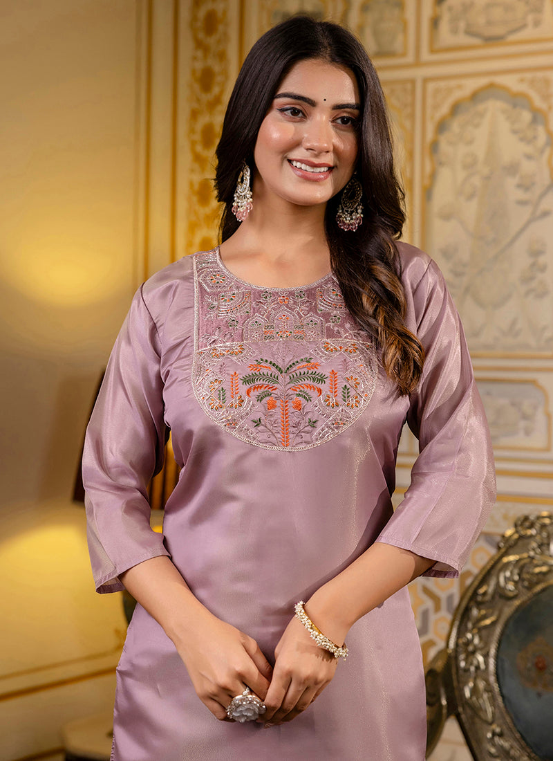 Shimmer Silk Lavender Casual Wear Embroidery Work Readymade Kurti 383439