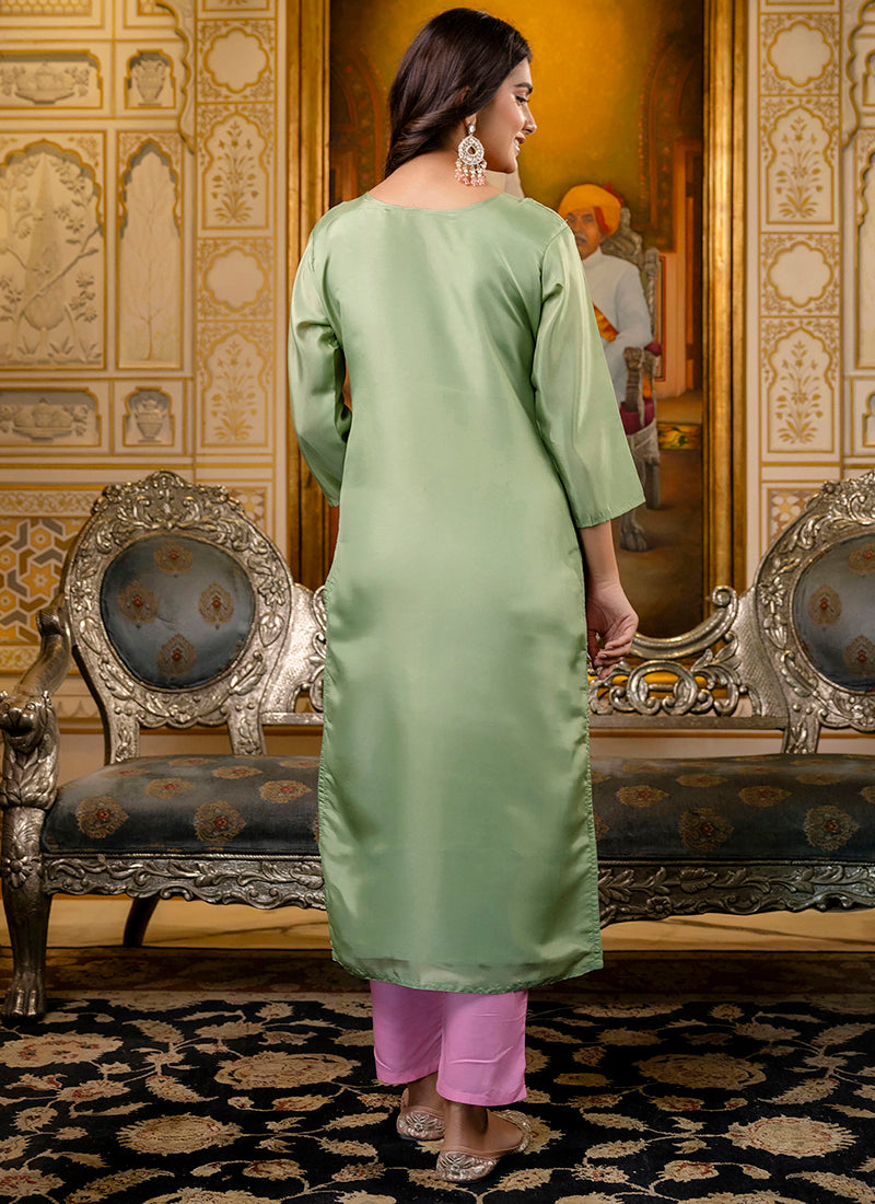 Shimmer Silk Pista Casual Wear Embroidery Work Readymade Kurti 383440