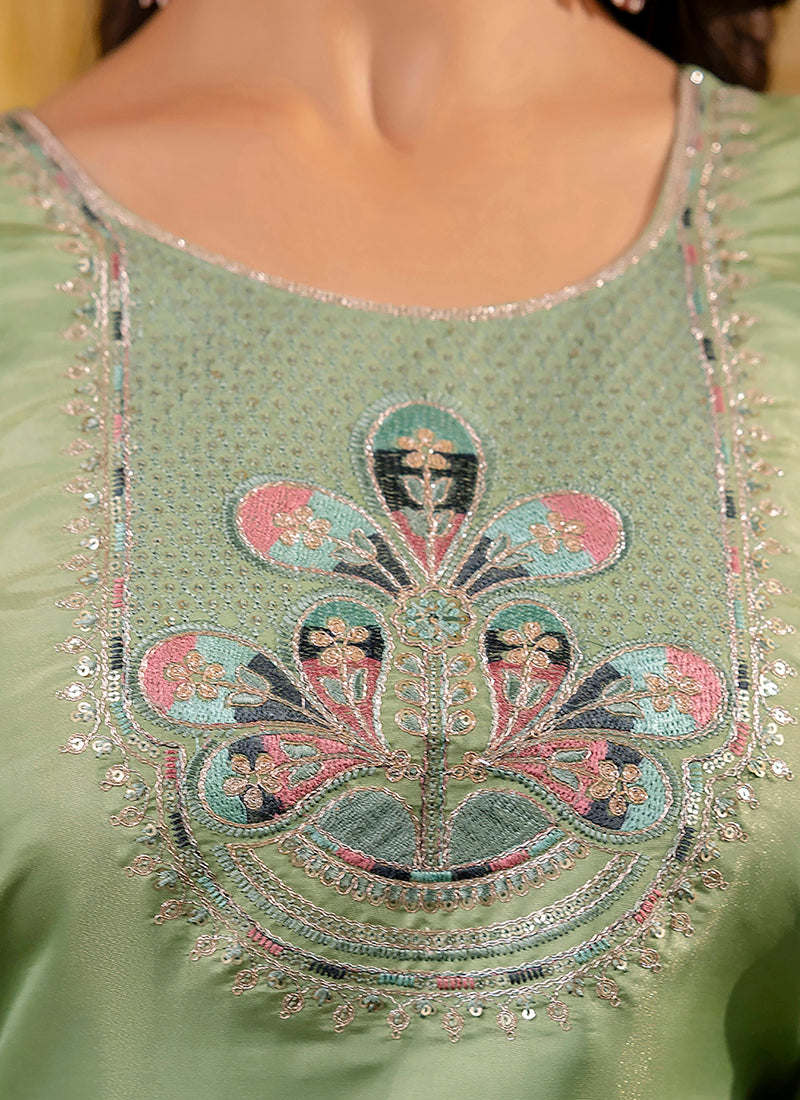 Shimmer Silk Pista Casual Wear Embroidery Work Readymade Kurti 383440