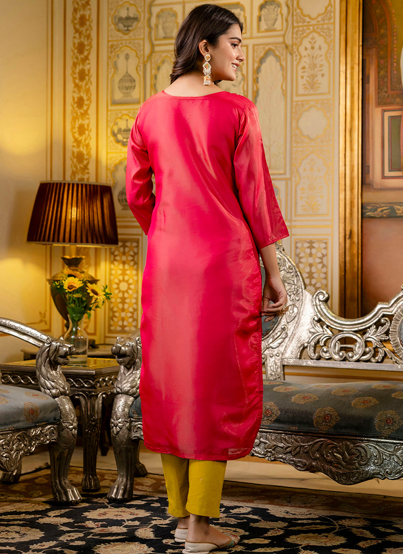 Shimmer Silk Rani Casual Wear Embroidery Work Readymade Kurti 383441