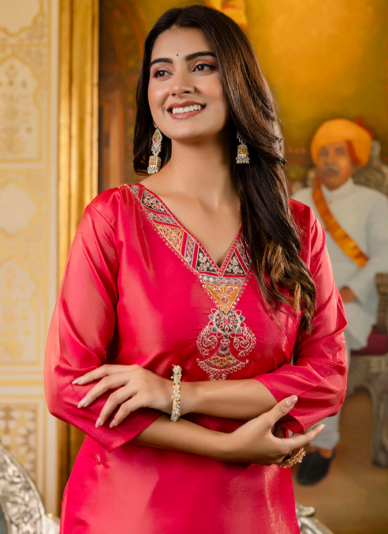 Shimmer Silk Rani Casual Wear Embroidery Work Readymade Kurti 383441