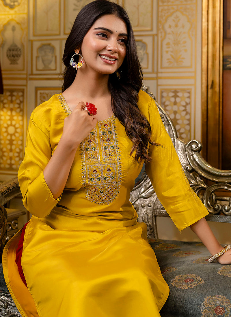 Shimmer Silk Mustard Casual Wear Embroidery Work Readymade Kurti 383444