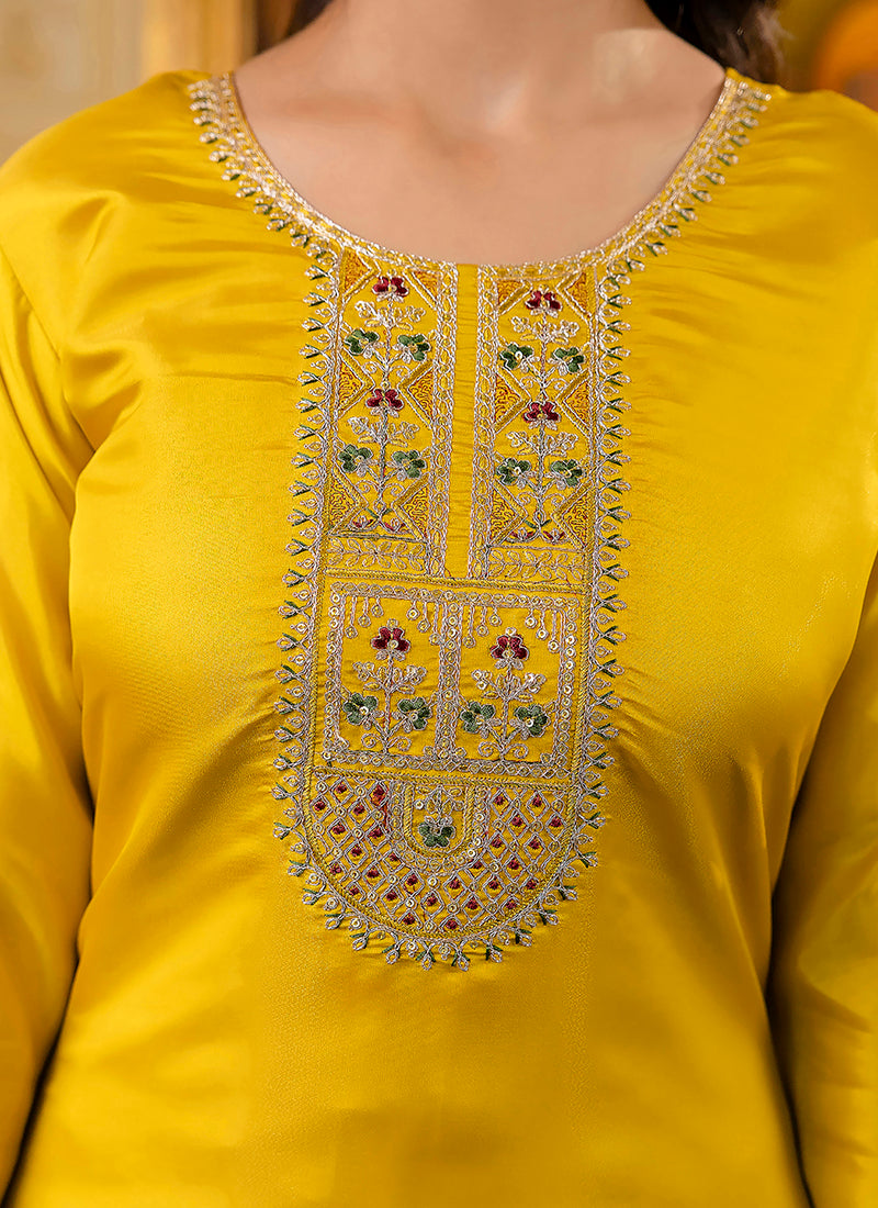 Shimmer Silk Mustard Casual Wear Embroidery Work Readymade Kurti 383444