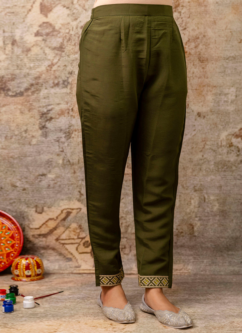 Silk Blend Mehendi Festive Wear Embroidery Work Readymade Kurti Pant With Dupatta 382081