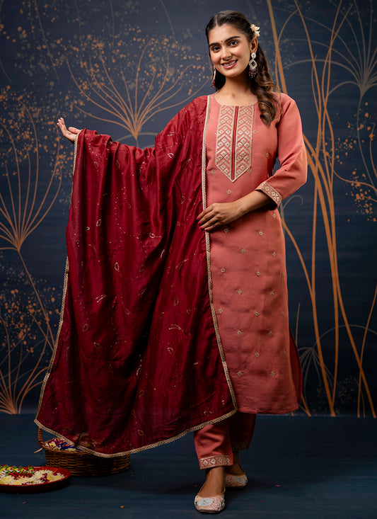 Silk Blend Peach Festive Wear Embroidery Work Readymade Kurti Pant With Dupatta 382084