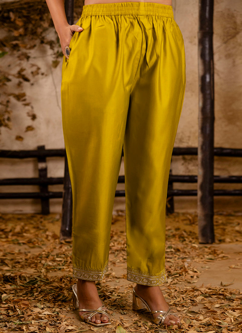 Viscose Yellow Festival Wear Embroidery Work Readymade Kurti Pant With Dupatta 381042