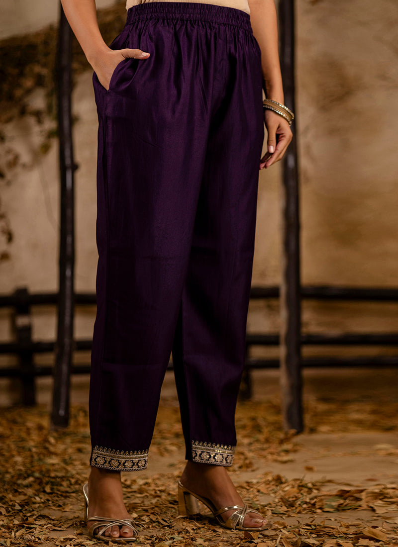 Viscose Wine Festival Wear Embroidery Work Readymade Kurti Pant With Dupatta 381043