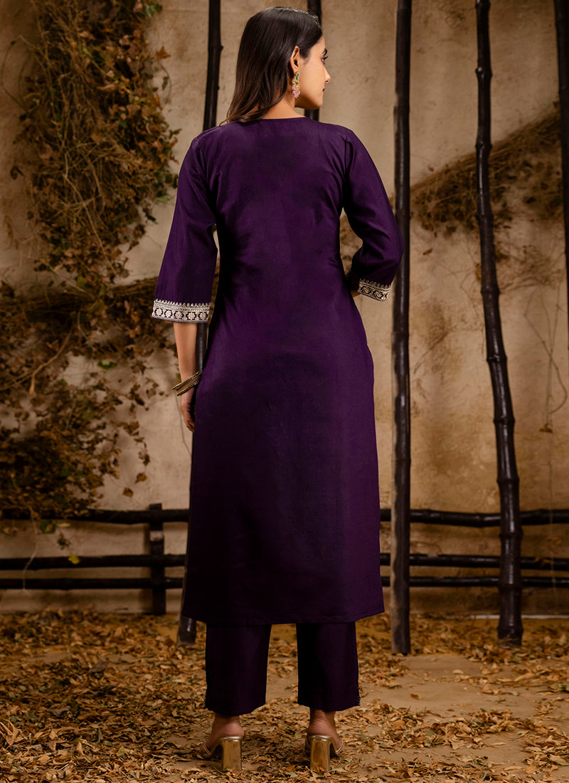 Viscose Wine Festival Wear Embroidery Work Readymade Kurti Pant With Dupatta 381043