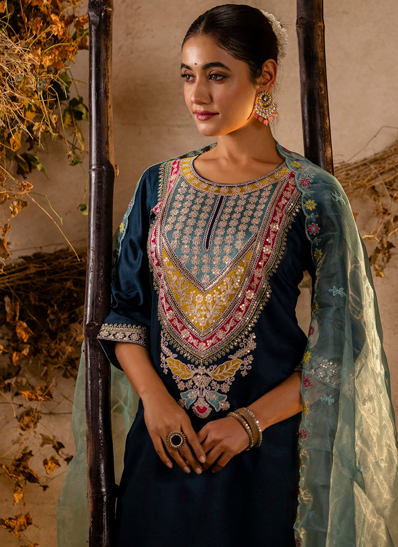 Viscose Teal Festival Wear Embroidery Work Readymade Kurti Pant With Dupatta 381044