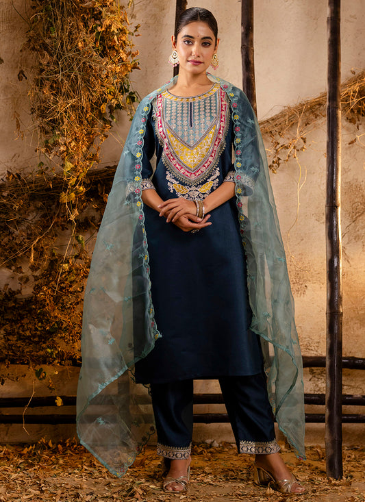 Viscose Teal Festival Wear Embroidery Work Readymade Kurti Pant With Dupatta 381044