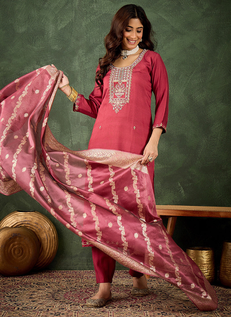 Viscose Rayon Pink Casual Wear Embroidery Work Readymade Kurti Pant With Dupatta 379664