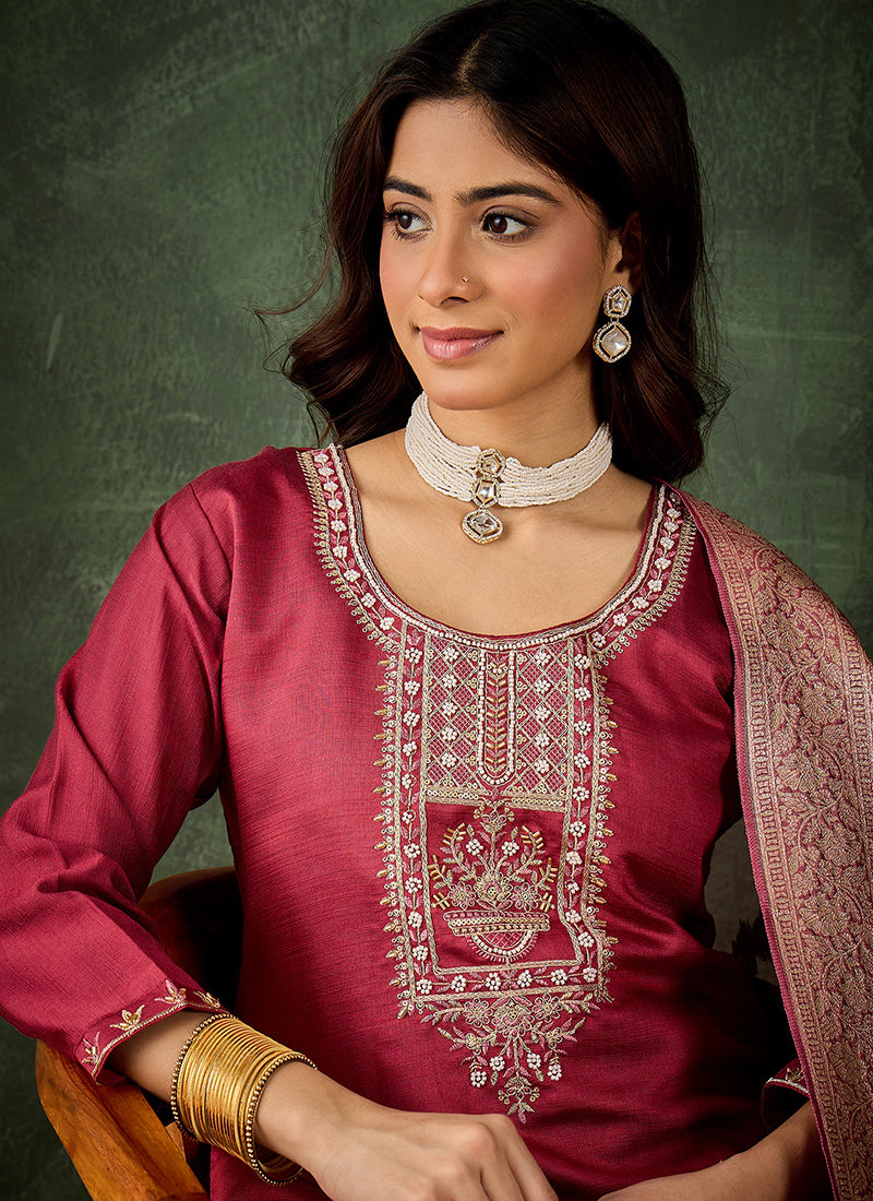 Viscose Rayon Pink Casual Wear Embroidery Work Readymade Kurti Pant With Dupatta 379664