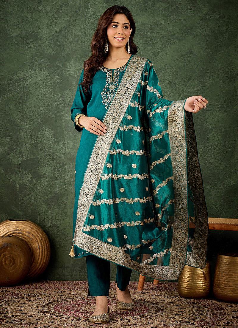 Viscose Rayon Teal Casual Wear Embroidery Work Readymade Kurti Pant With Dupatta 379665