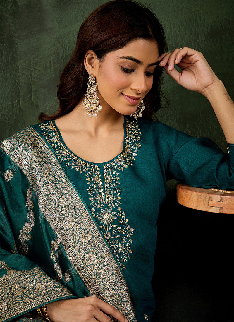 Viscose Rayon Teal Casual Wear Embroidery Work Readymade Kurti Pant With Dupatta 379665